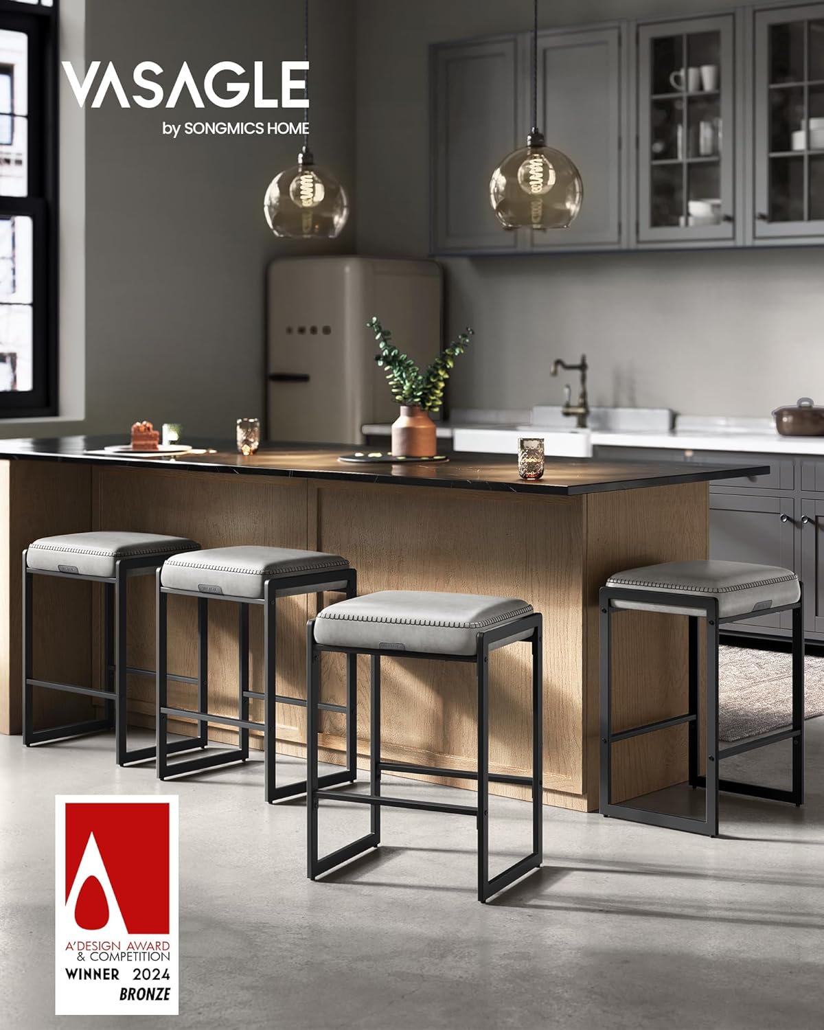 VASAGLE EKHO Collection - Bar Stools Set of 2, Counter Height Bar Stools, Synthetic Leather with Stitching, Mid-Century Modern Counter Stools, 26-Inch Tall, Kichen Home Bar Dining Room, Dove Gray