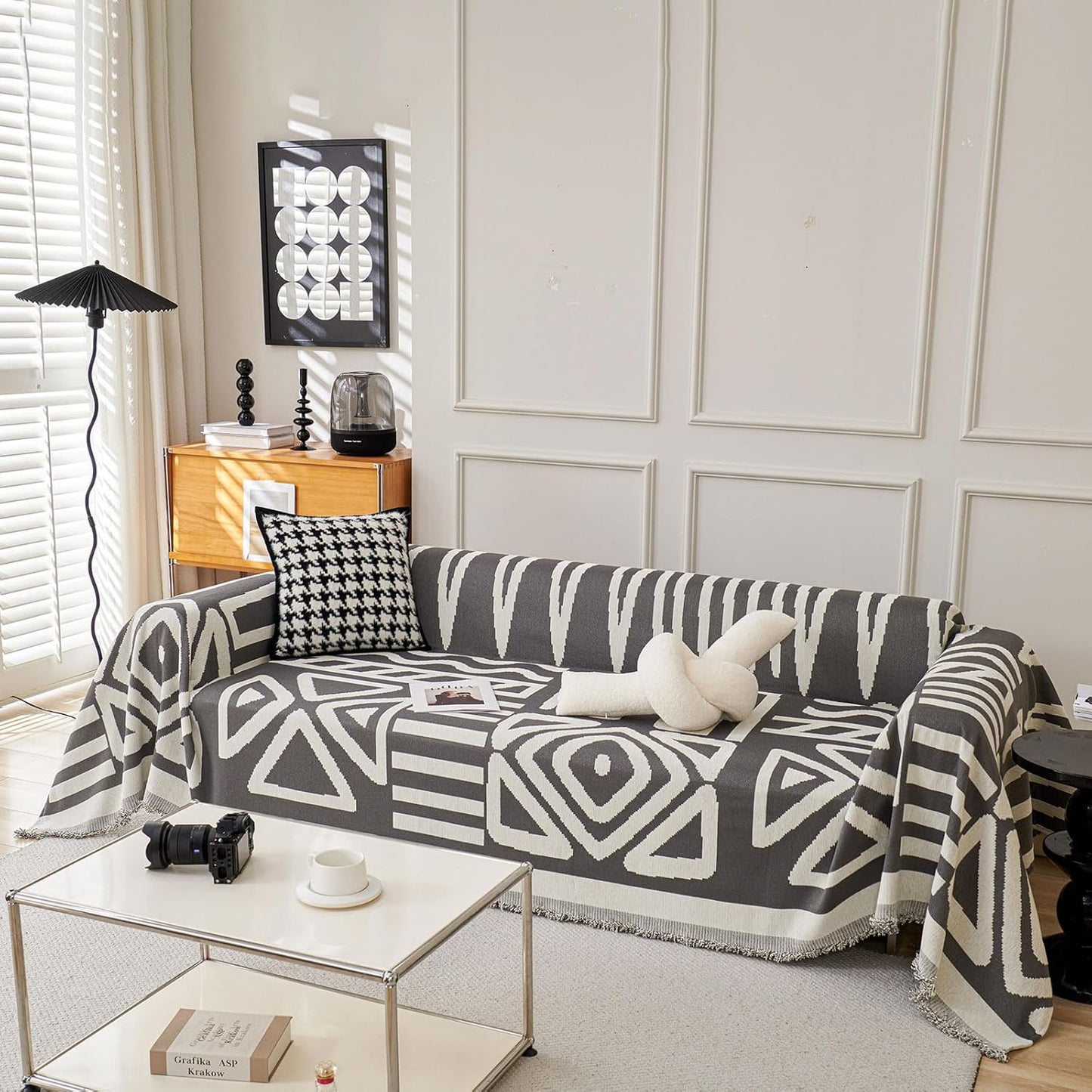 STACYPIK Simple Dark Grey Boho Sofa Cover for Sectional Soft Tassel Chenille Couch Cover for 3 Cushion Couch Reversible Loveseat Cover for Dogs Cats Non-Silp Furniture Cover Multi-Use Blanket-91x134IN