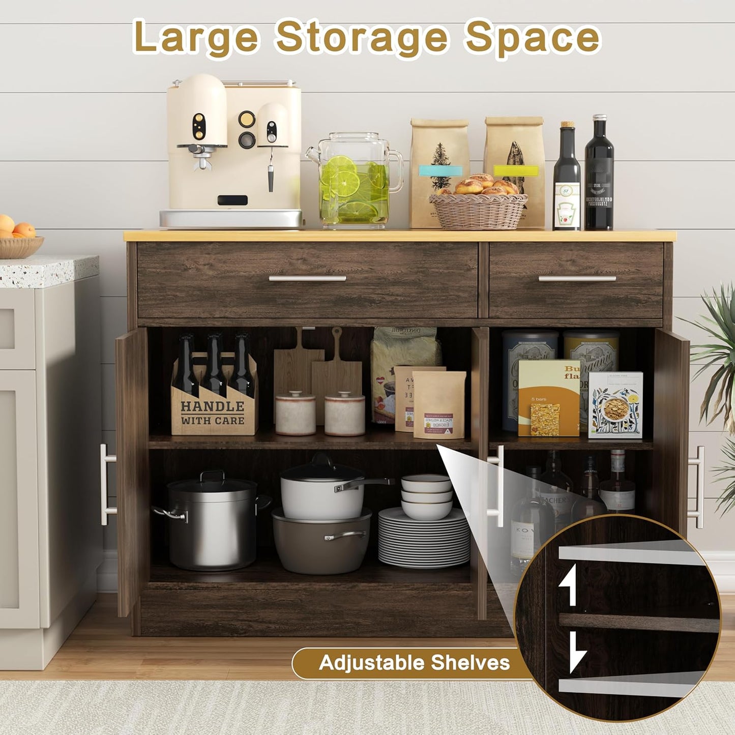 Shintenchi 3 Doors Farmhouse Sideboard Buffet Cabinet,42" Barn Doors Buffet Cabinet with Storage,Wood Coffee Bar Cabinet with Adjustable Shelf for Kitchen,Living Room,Brown