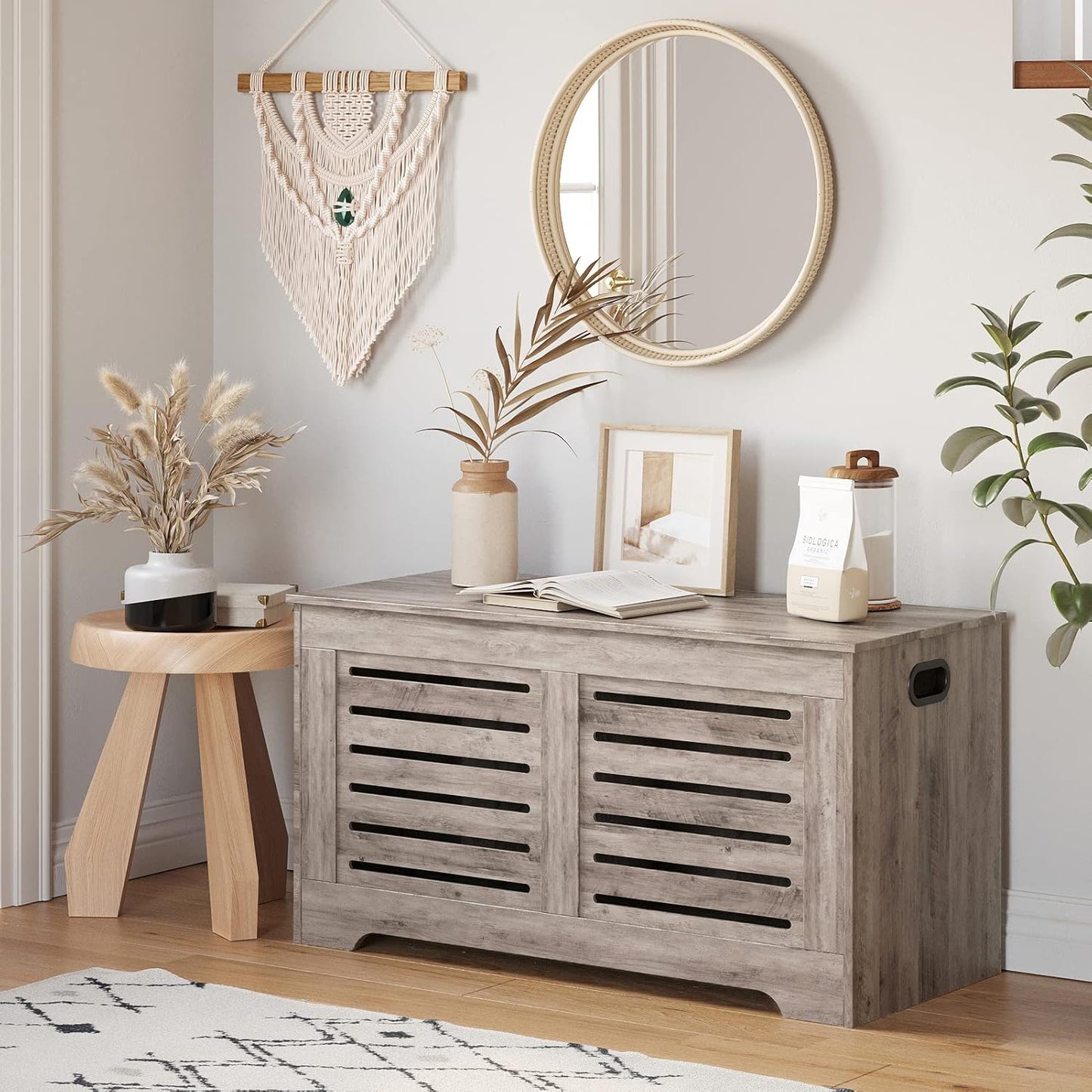 DINZI LVJ Storage Chest, Flip-Top Wooden Toy Box with 2 Safety Hinges, Retro Entryway Shoe Storage Bench, Sturdy Large Storage Trunk for Living Room, Bedroom, Easy Assembly, Greige