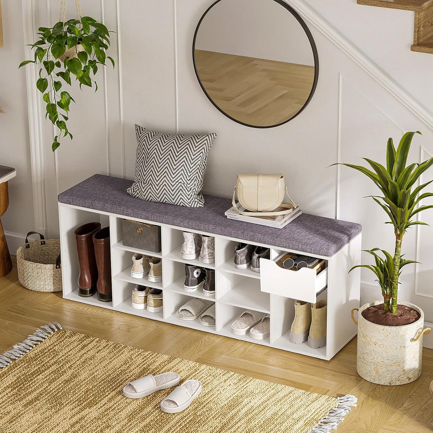 DINZI LVJ Shoe Bench, Entryway Storage Bench with Drawer and 14 Cubbies, Long Cubby Shoe Rack with Adjustable Shelves, Organizer for Living Room, Bedroom, Mudroom, Garage, White