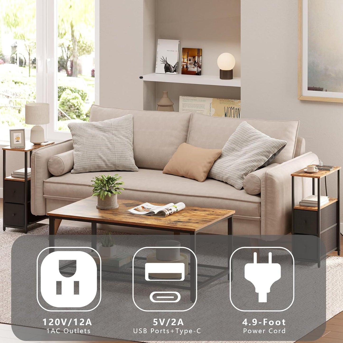 TUTOTAK Small Narrow End Table with Charging Station, Set of 2, Side Table with Outlets, Nightstand with 2 Cloth Drawers, Couch Table, for Living Room, Bedroom, Bedside, Brown and Black TB01BB055K