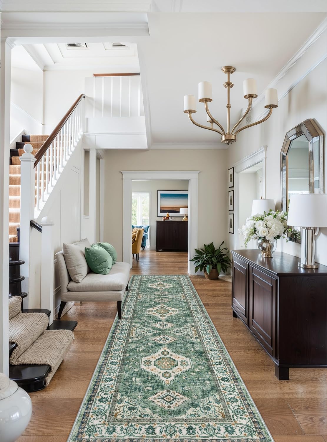 Lahome Oriental Hallway Runner Rug, 2.5x8 Kitchen Runner Non Slip Ultra-Thin, Soft Washable Hallway Rug Non Shedding Long Carpet for Entryway ‎Laundry Room Bathroom, Green/Multi