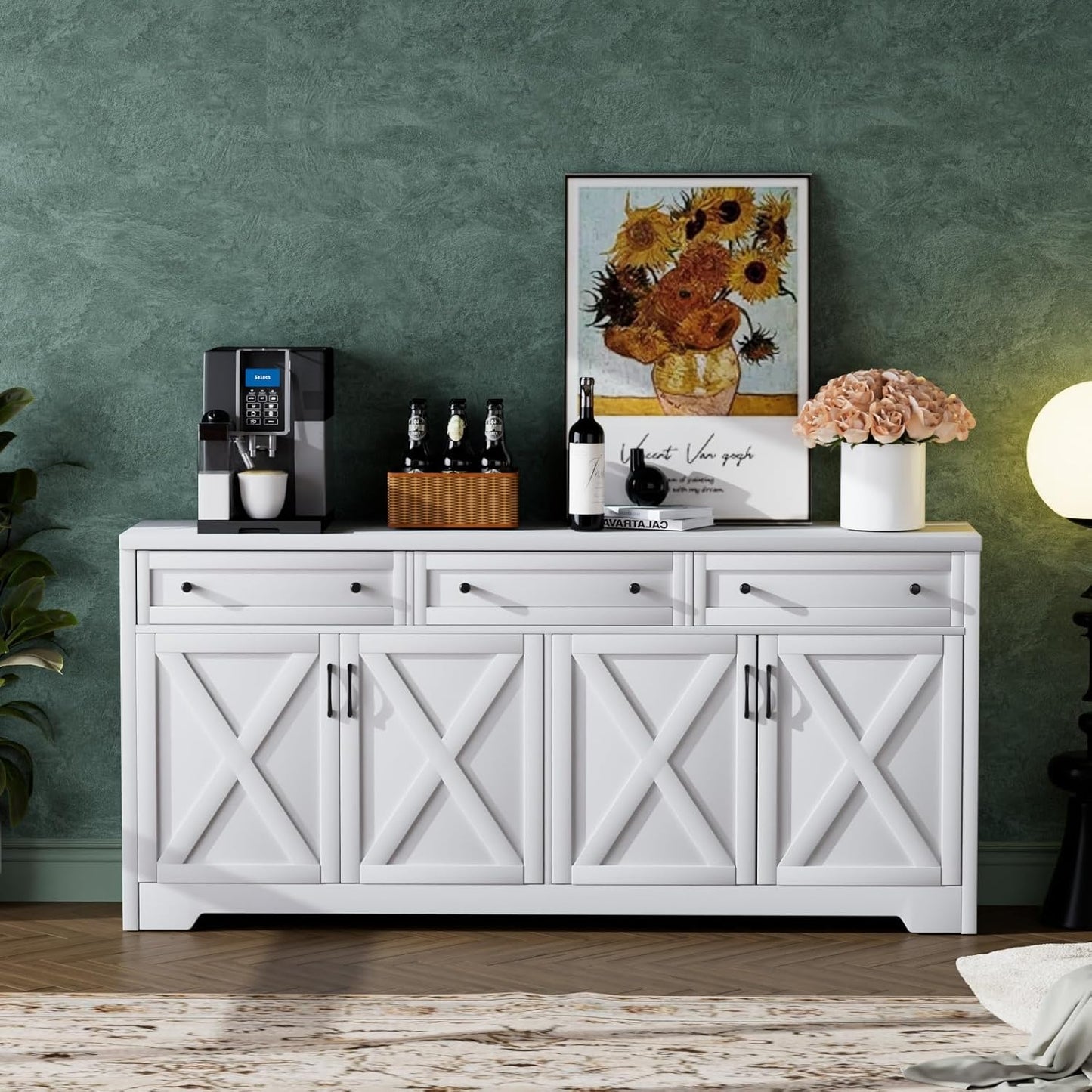 66'' Farmhouse Sideboard Buffet Cabinet with Storage, Large Kitchen Storage Cabinet with Barn Doors Drawers, White Coffee Bar Table for Dining Room Kitchen