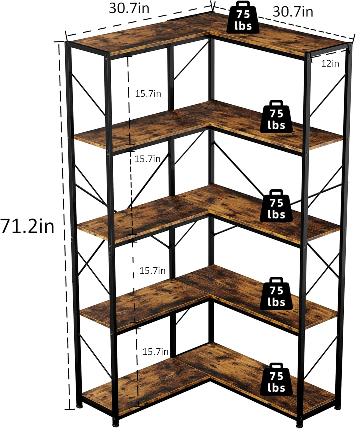 Shintenchi 5 Tier Corner Bookshelf,L Shaped Bookcase,Large Etagere Bookcase,Corner Shelf Display Storage Rack with Metal Frame for Living Room Bedroom Office,Rustic Brown