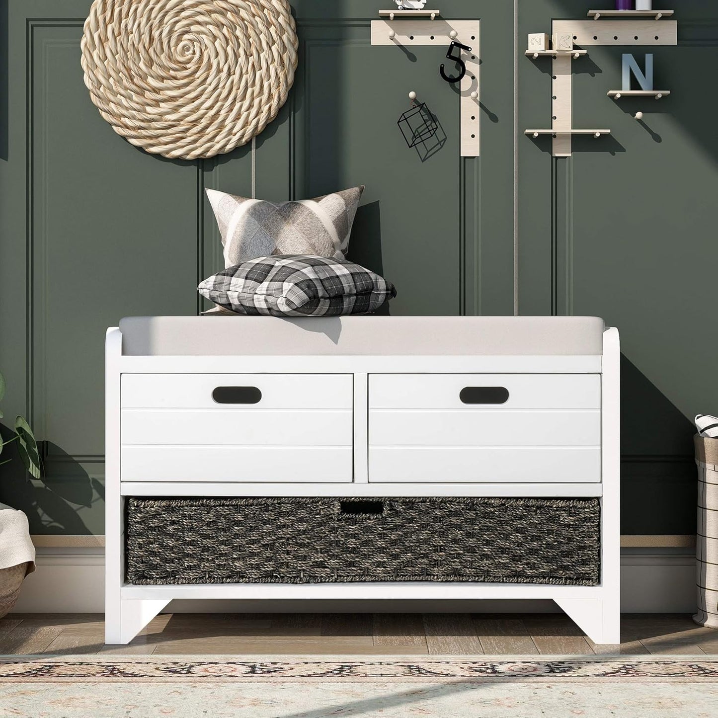 Merax White Classic Wood Entryway Bench with 2 Drawers, Large Rattan Basket and Removeable Seat Cushion for Hallway Front Door, Type 5