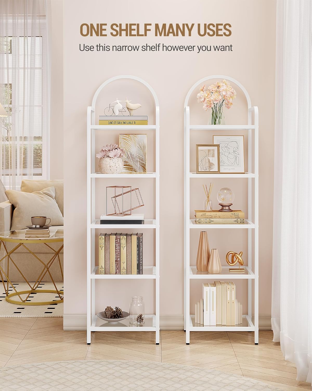 Bookcase Bookshelf, Tempered Glass Bookshelves, Slim Shelving Unit for Bedroom, Bathroom, Home Office, Steel Frame, 5 Tier White BC05099W