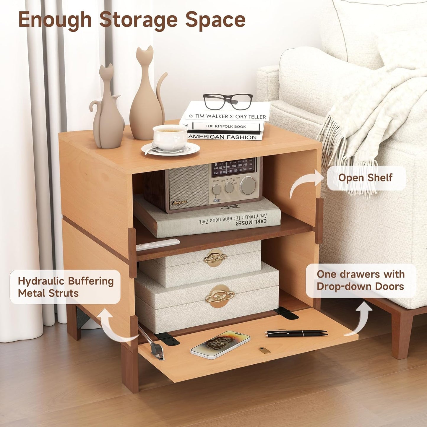 SBS-AL-21-1 Sebastack Night Stand, Customizable 2 Drawers Bedside Table, End Table, Side Table for Bedroom, Dormitory, Mid-Century Style Wood Chest of Furnitures, Beech Color