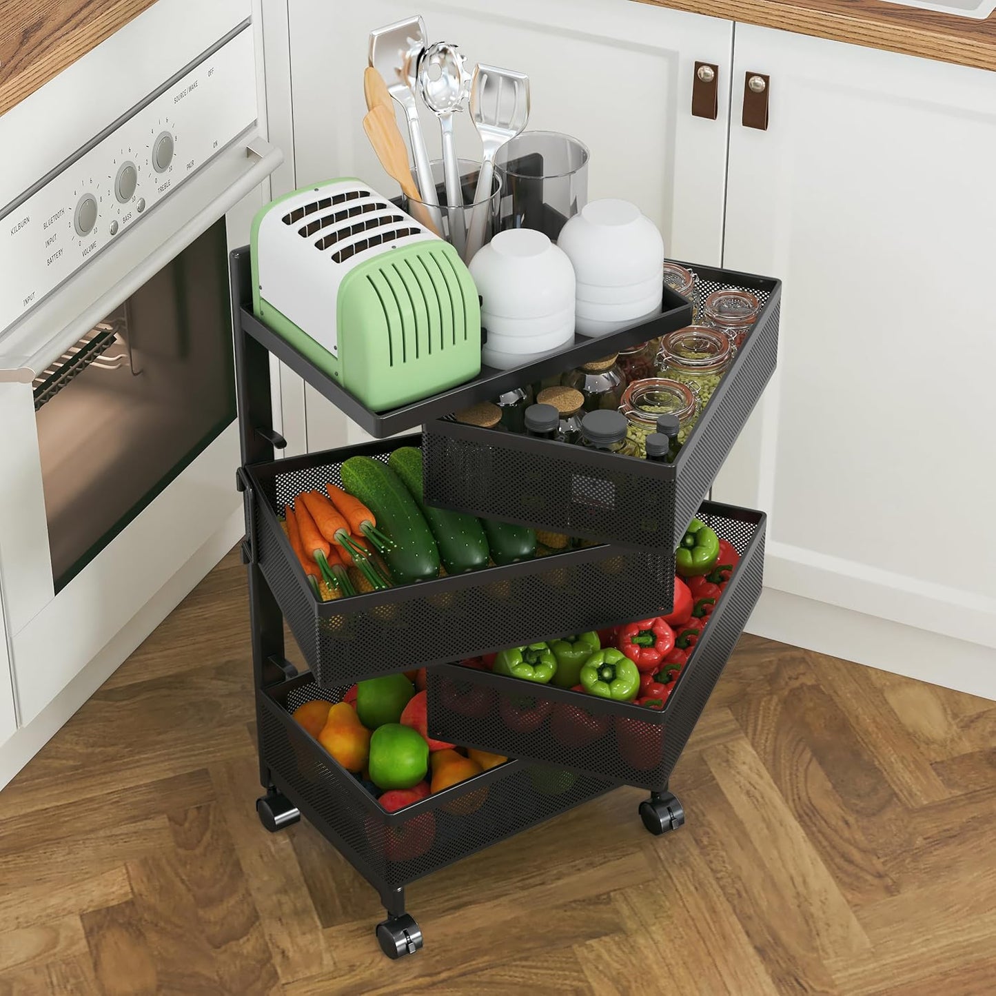 Bathroom Rotating Storage Cart No Assembly Required 4-Tier Metal Sturdy Fruit Basket for Kitchen, Rolling Vegetable Storage Rack,Bathroom Shelf,Storage Drawer Cart (Black, 4 Tier-Square)