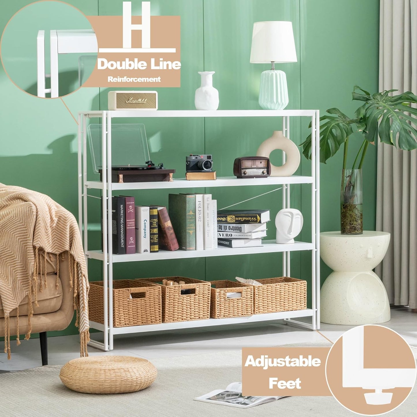HCHQHS Bookshelf, 4-Tier Industrial Bookcase, White Open Book Shelf, Freestanding Tall Bookshelves with Metal Frame