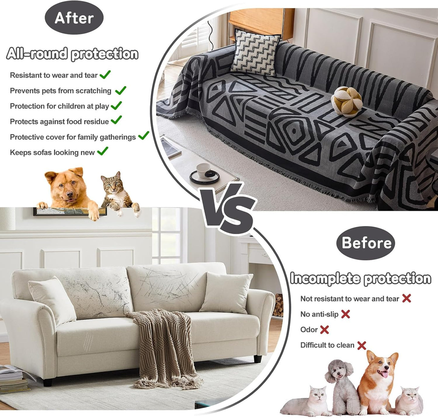 HANDONTIME Boho Geometric Couch Covers for Sofa Pet Friendly Dark Grey and Black Sofa Covers Washable Chenille Couch Blanket Cover for 3 Cushion Couches Pet Protector Furniture Cover Soft, 71" X 150"