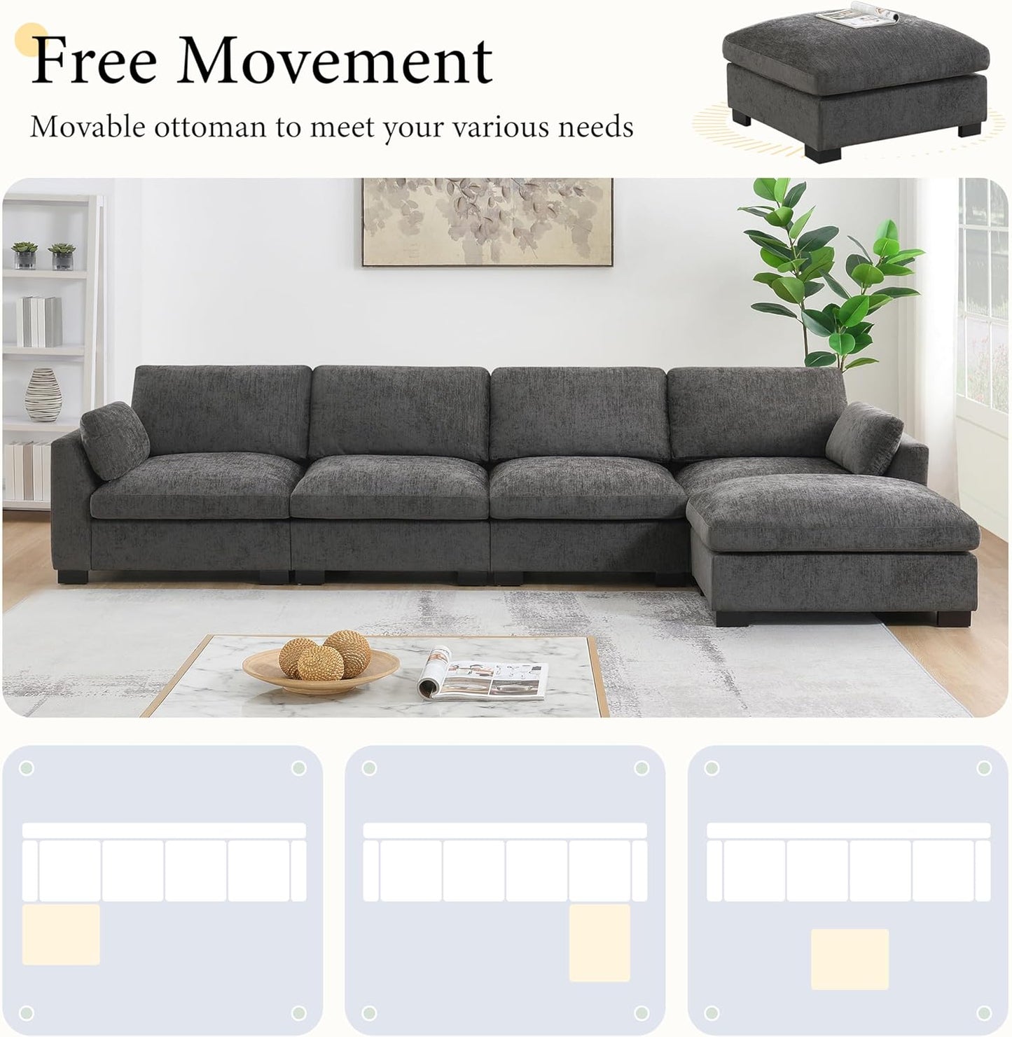 Ball & Cast Oversized Modular L Shaped Sectional Sofa W/Movable Ottoman and USB Ports,5 Seater Comfy Cloud Couch W/2 Armrest Pillows,Folding Table & Side Pocket,for Living Room,Apartment,Charcoal,130"