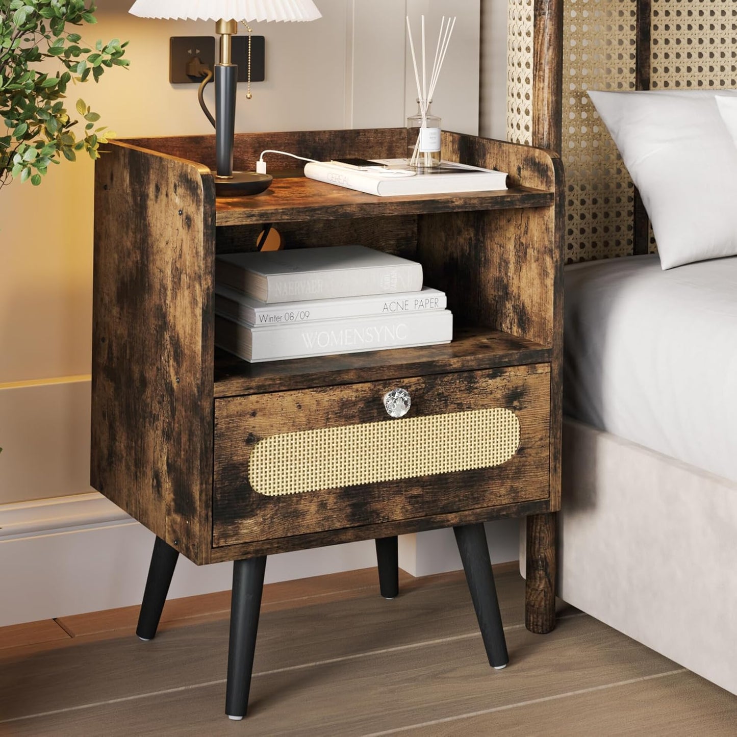 End Table with Diamond Handle, Nightstand/Bedside Table with Charging Station, Rustic Brown