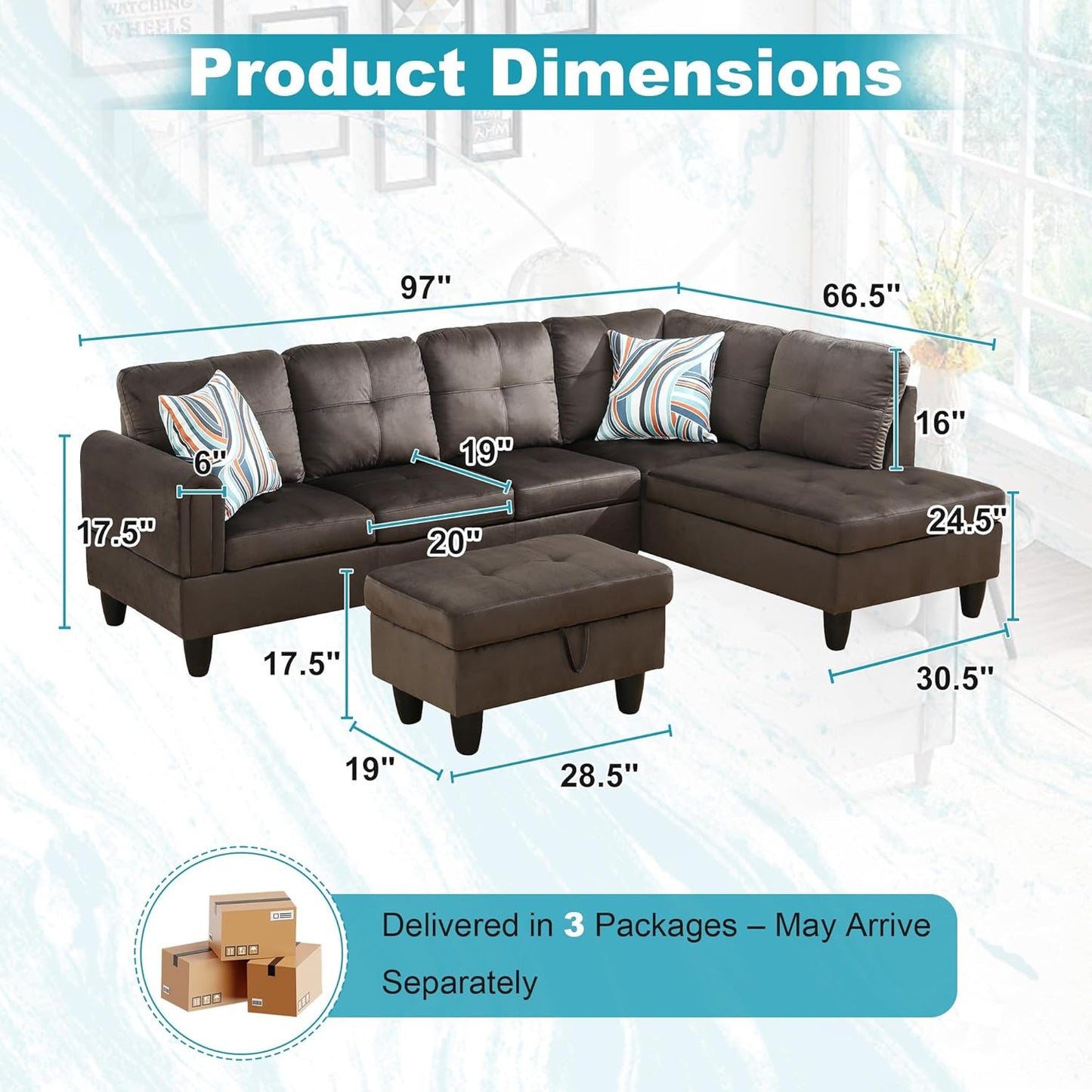 97" Oversized Sectional Couch, L Shaped Couch with Storage Ottoman, Modern Modular Sofa with Deep Seat, Sectional Couches for Living Room and Office, Dark Brown (Flannel)