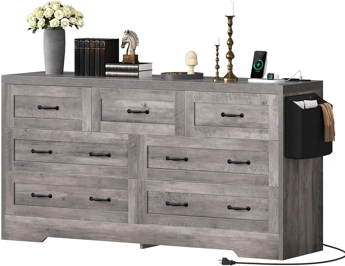 YITAHOME Grey Drawers TV Stand for 65 inches with Power Outlets -Chest of Drawers Dresser with Side Organizer Bag Entertainment Center TV Console