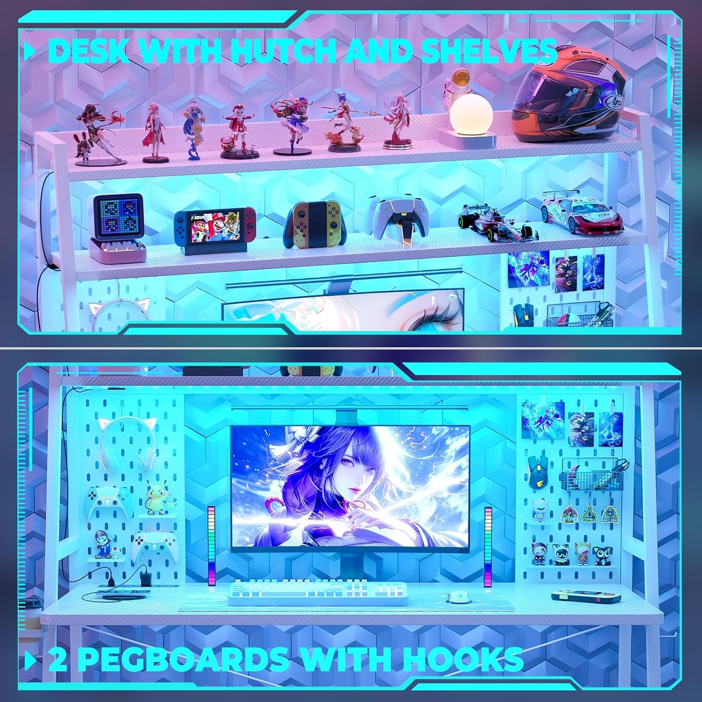 Gaming Desk with Hutch and LED Lights, Gaming Computer Desk with Power Outlets, Gamer Desk with Storage Shelves, PC Game Desk with Pegboards for Bedroom, Carbon Fiber White, 49"