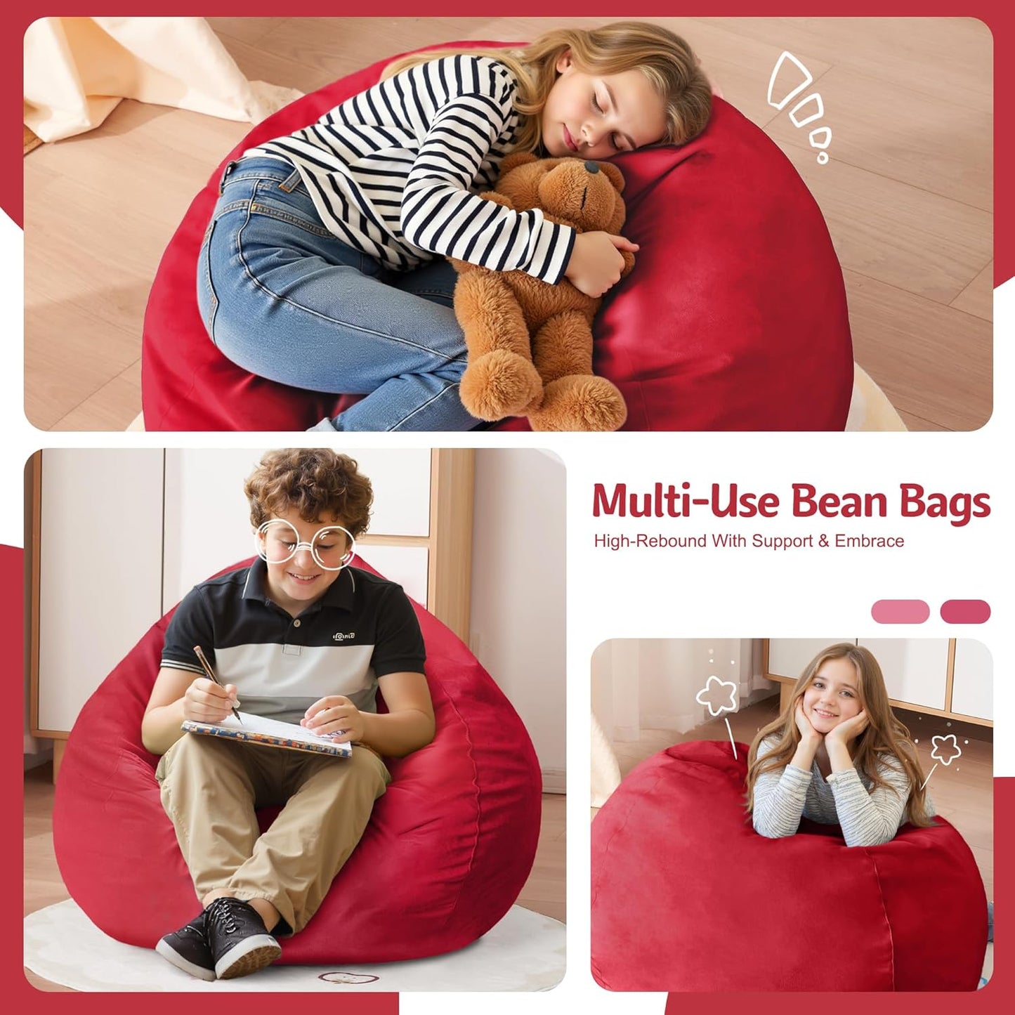 Homguava 2FT Bean Bag Chair: 2' Bean Bags with Memory Foam Filled,Comfy Beanbag Chairs Round Bean Bag Sofa with Dutch Velvet Cover-Red