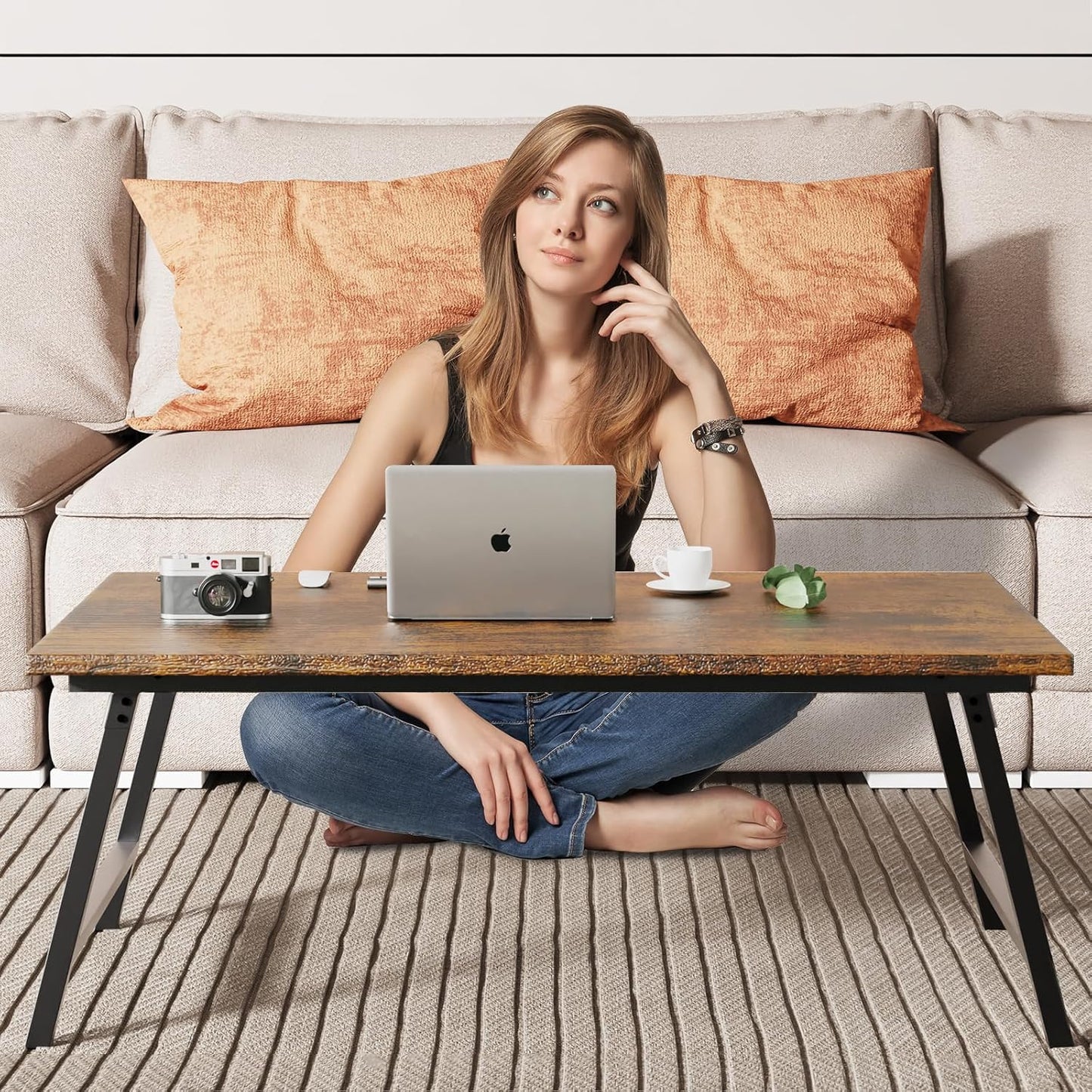 Folding Coffee Table, Portable Wood Low Table with Metal Legs, No Assembly Required, Small Foldable Floor Desk for Living Room/Tea Room/Small Spaces (39.4in x 23.6in x 15.8in) (Rustic Brown)