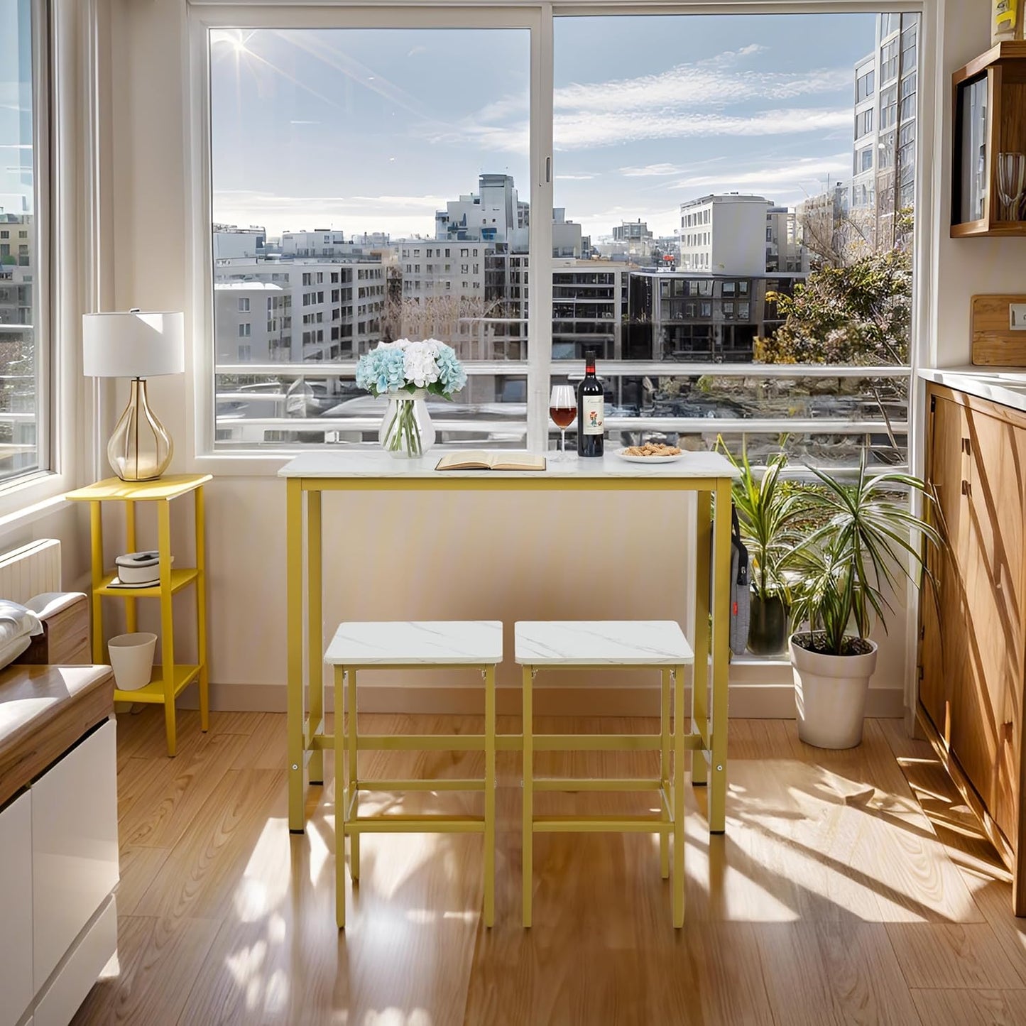 Finnhomy Bar Table Set, 47" Pub Table High Top Table, Rectangular Bar Height Table, Bar Table with Stools, Kitchen Table Set for 2, Industrial Breakfast for Kitchen, Living Room, Gold