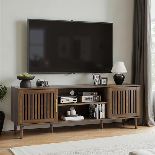 Smuxee Walnut TV Stand with Grille Striped Design, 62.99" Mid Century Modern TV Media Console for TVs up to 70", TV Cabinet with Adjustable Shelf & 2 Cabinets for Living Room