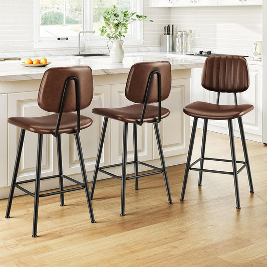 24-Inch Leather Bar Stools Set of 3, Counter Height Barstools with High Backrest，Bar Chairs for Kitchen Island with Heavy Duty Metal Legs, Dark Brown