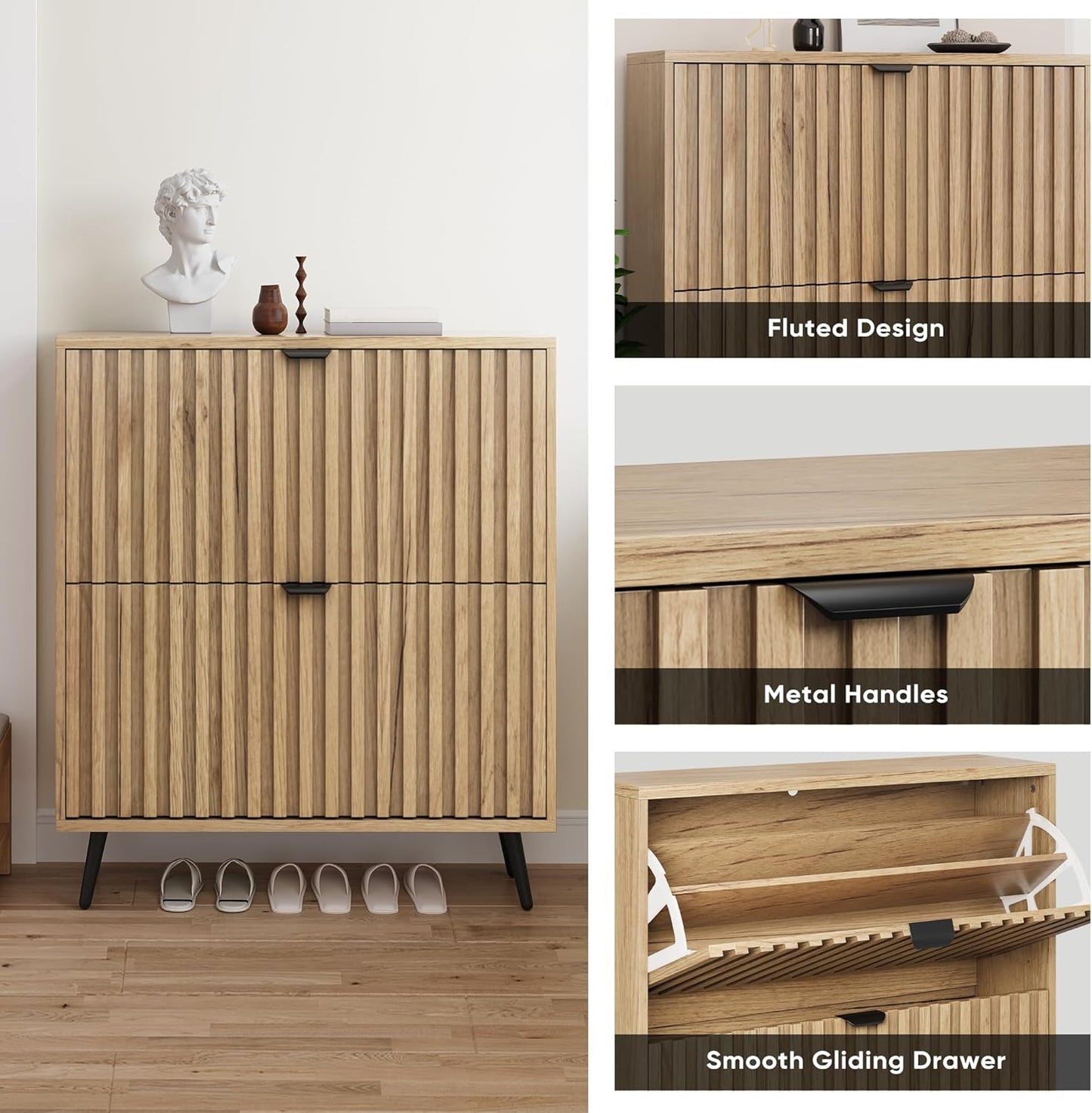 Smuxee Shoe Cabinet with 2 Flip Drawers, 31.5" Natural Hidden Shoe Storage Cabinet with Fluted Design, Freestanding Shoe Organizer Cabinet for Entryway, Hallway, Closet, Living Room