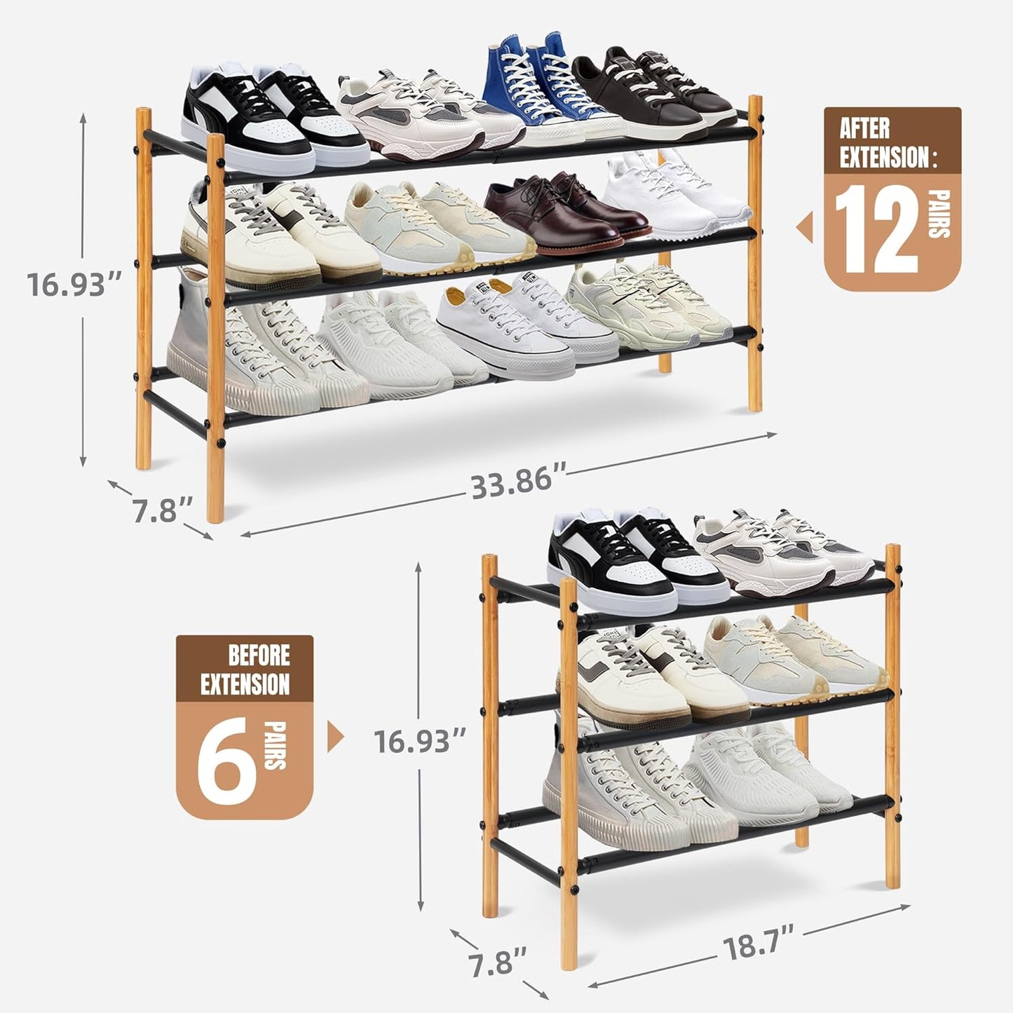 STORAGE MANIAC Expandable Shoe Rack, 16 Pairs Stackable Small Shoe Rack, Metal Adjustable Shoes Organizer for Closet, Entryway, Hallway, Garage, Front Door, Shoes Shelves, Bamboo 4 Tier
