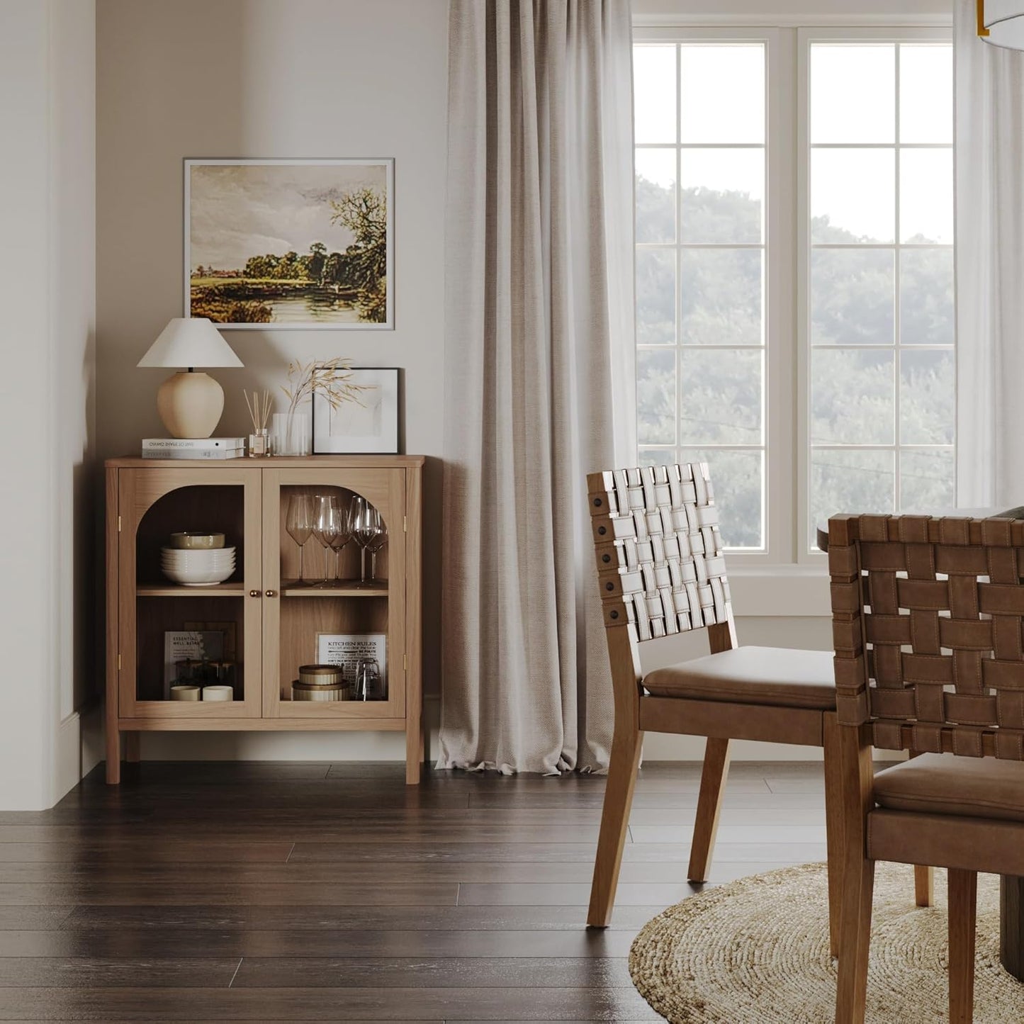 Nathan James Mason Modern Farmhouse TV Stand, Free Standing Accent Sideboard Buffet, Cabinet with Glass Doors and Adjustable Shelf, Clear Glass/Raw Oak Set of 4