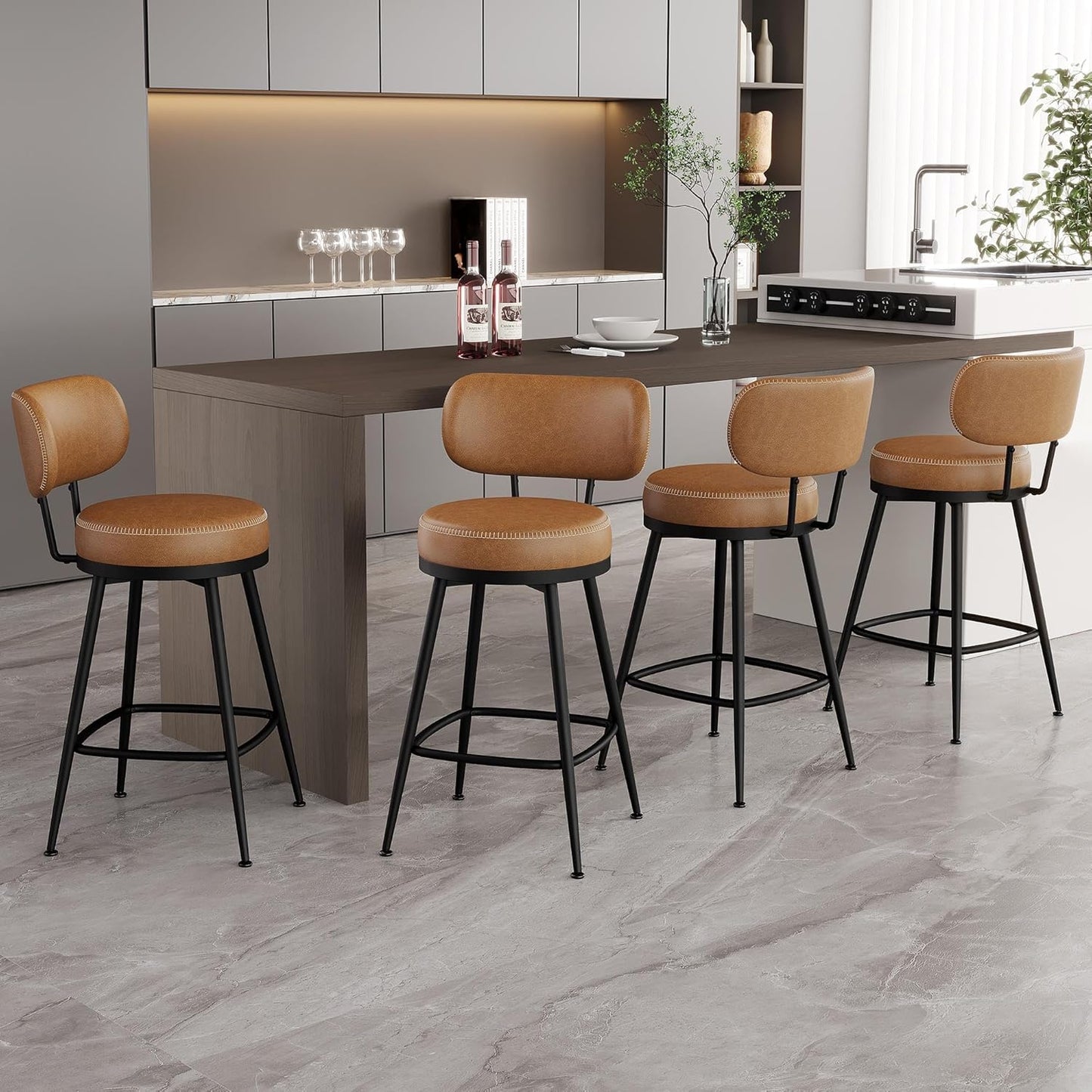 Counter Height Bar Stools, 26" H Swivel Barstools Set of 4, Faux Leather Kitchen Counter Stools with Back and Stylish Stitching, Metal Frame, Pub, Home Bar, Whisky Brown