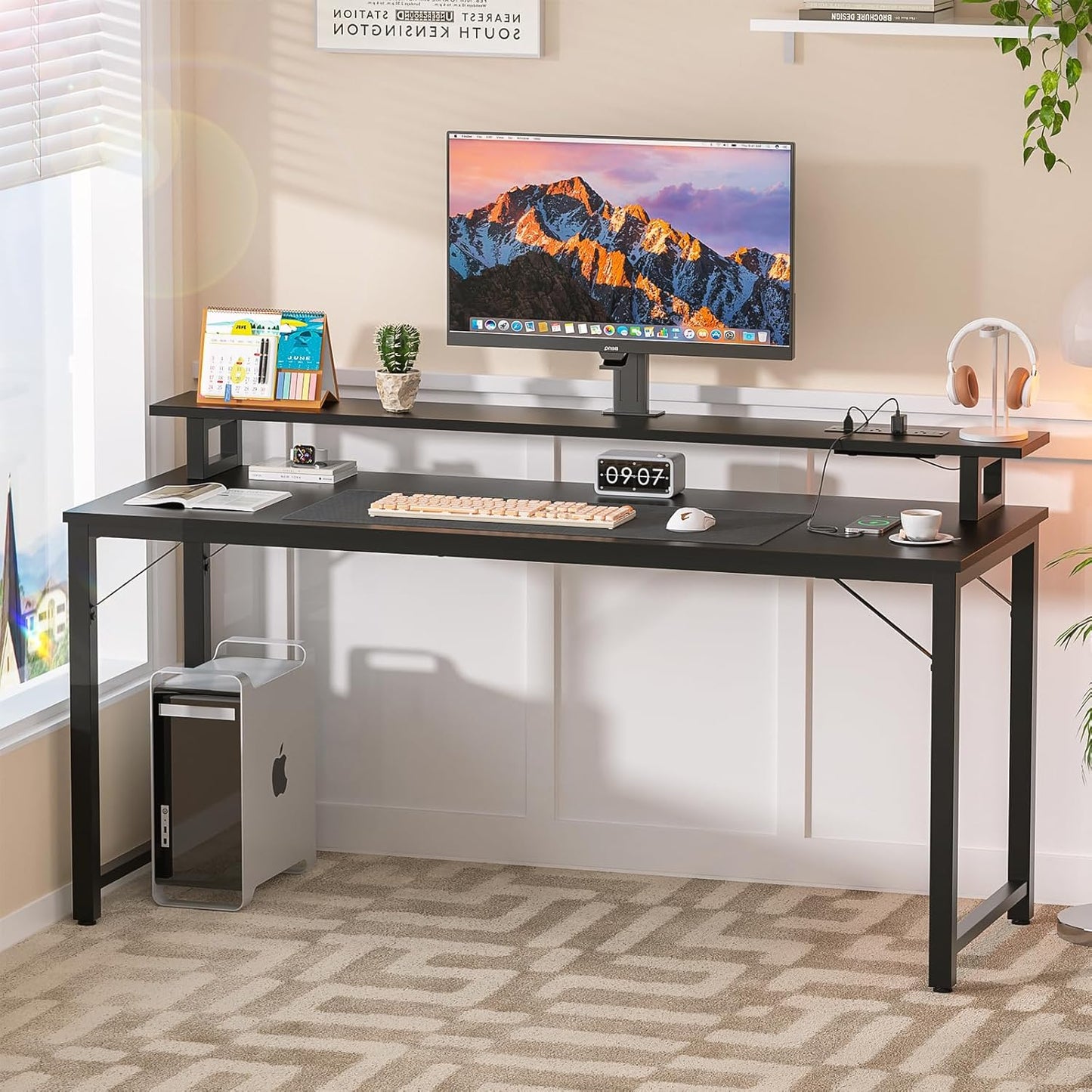 Computer Desk with USB Power Outlets and LED Lights,55 inch Gaming Desk with Monitor Stand for Small Space Home Office, Modern Simple Study Writing Table PC Desks, Black