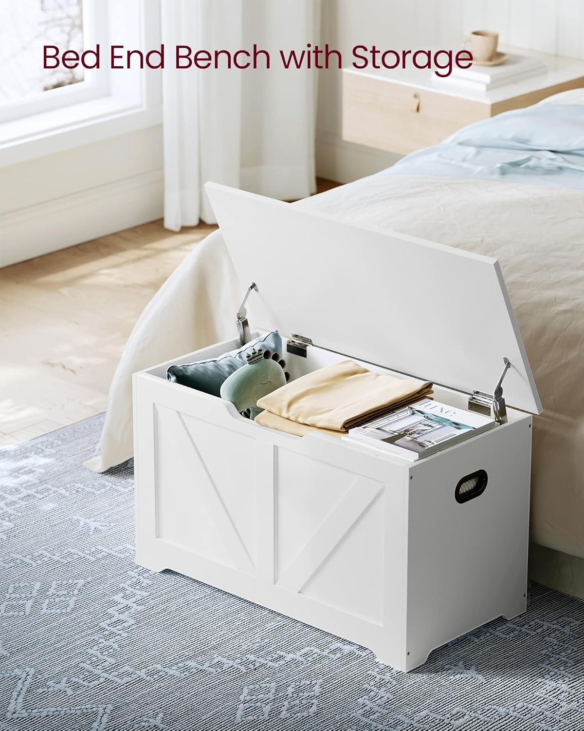 VASAGLE Storage Chest, Storage Trunk with 2 Safety Hinges, Storage Bench, Shoe Bench, Farmhouse Style, 15.7 x 31.5 x 18.1 Inches, for Entryway, Bedroom, Living Room, Cloud White ULSB062T14