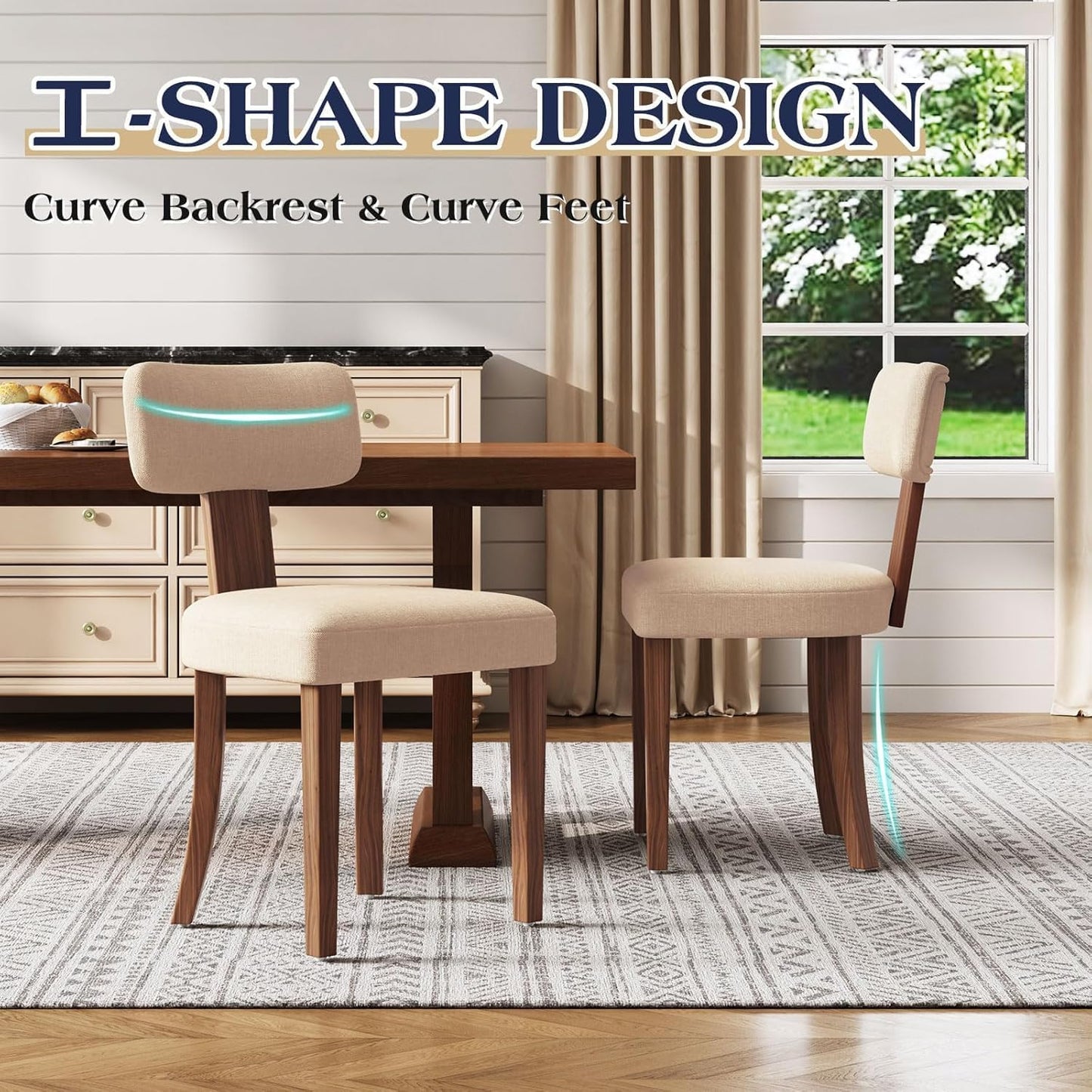 Farmhouse Chair Set of 4, Mid Century Modern Dining Chairs, Sherpa Upholstered Kitchen Chairs with Curved Backrest & Adjustable Legs for Living Room/Bedroom, Easy to Install, Beige Linen