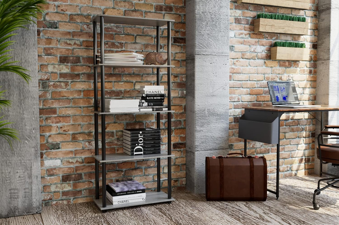 Furinno Turn-N-Tube 5-Tier Multipurpose Shelf / Display Rack / Storage Shelf / Bookshelf, Round Tubes, French Oak Grey/Black