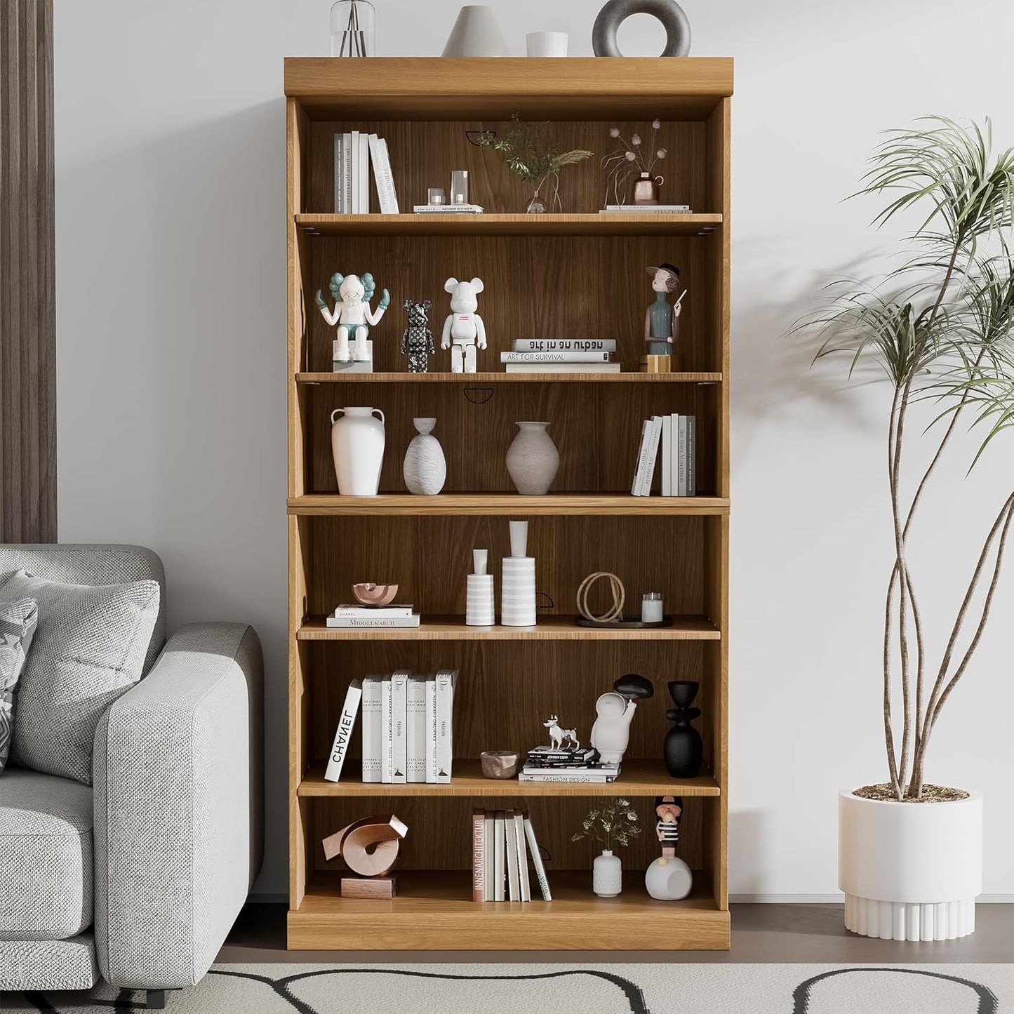 62" Wooden Book Shelf, 5 Shelf Bookcase, Modern Bookshelf with Adjustable Shelf for Home Office, Study Room, Oak