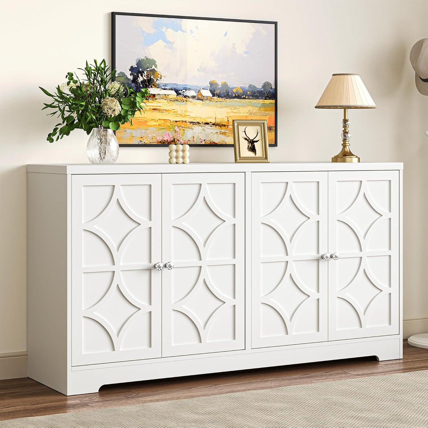 Sideboard Buffet with 4 Doors, Mid-Century Sideboard Cabinet with Adjustable Shelves, Accent Cabinet for Entryway, Living Room, Dining Room, White