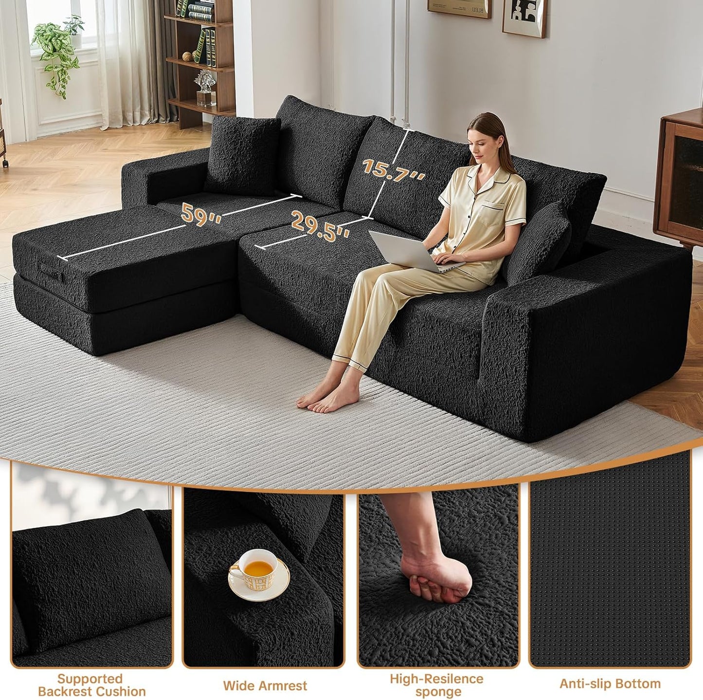 108" Modular Sectional Cloud Sofa - Boneless Couch with Deep Seat, Non Slip Base, Folding Sofa Sectional Couches for Living Room, Cozy Modular Couch with L-Shape Chaise, No Assembly Required, Black