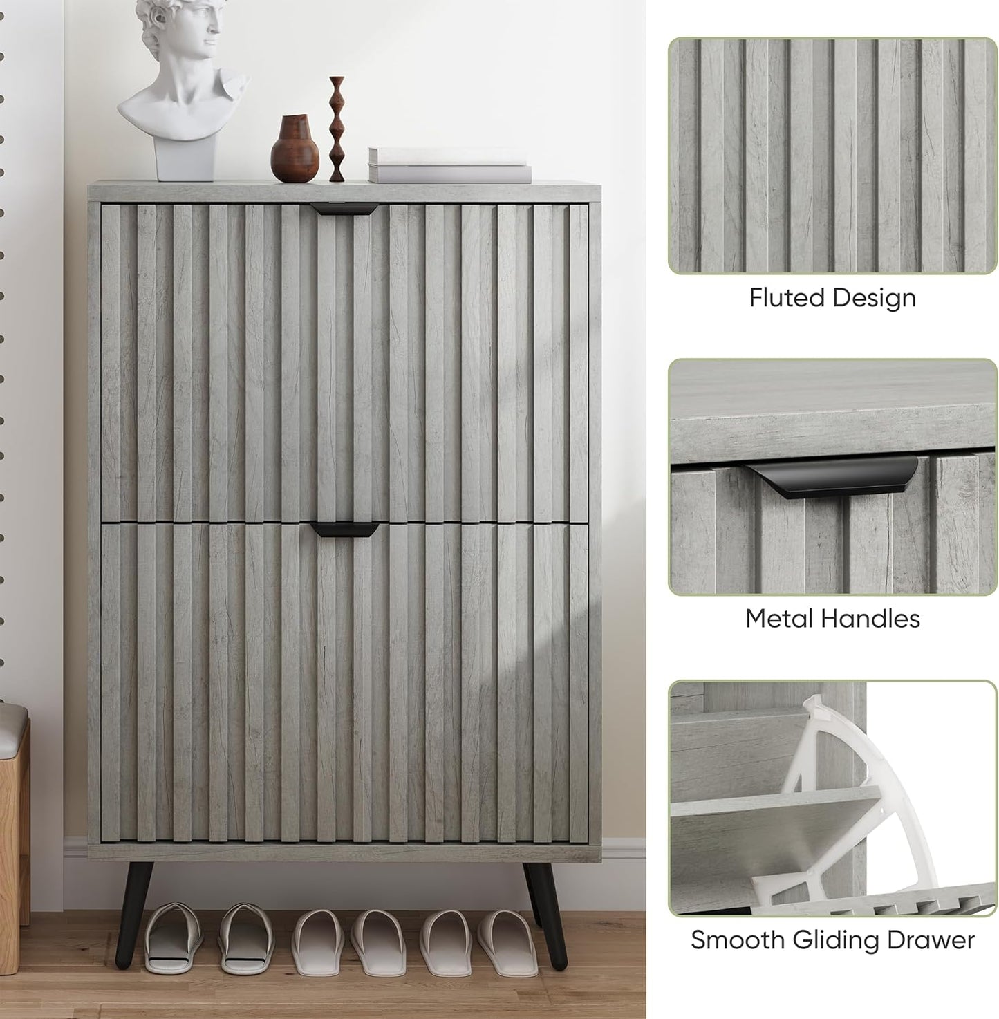 Smuxee Shoe Cabinet with 2 Flip Drawers, 23.6" Grey Hidden Shoe Storage Cabinet with Fluted Design, Freestanding Shoe Organizer Cabinet for Entryway, Hallway, Living Room, Closet