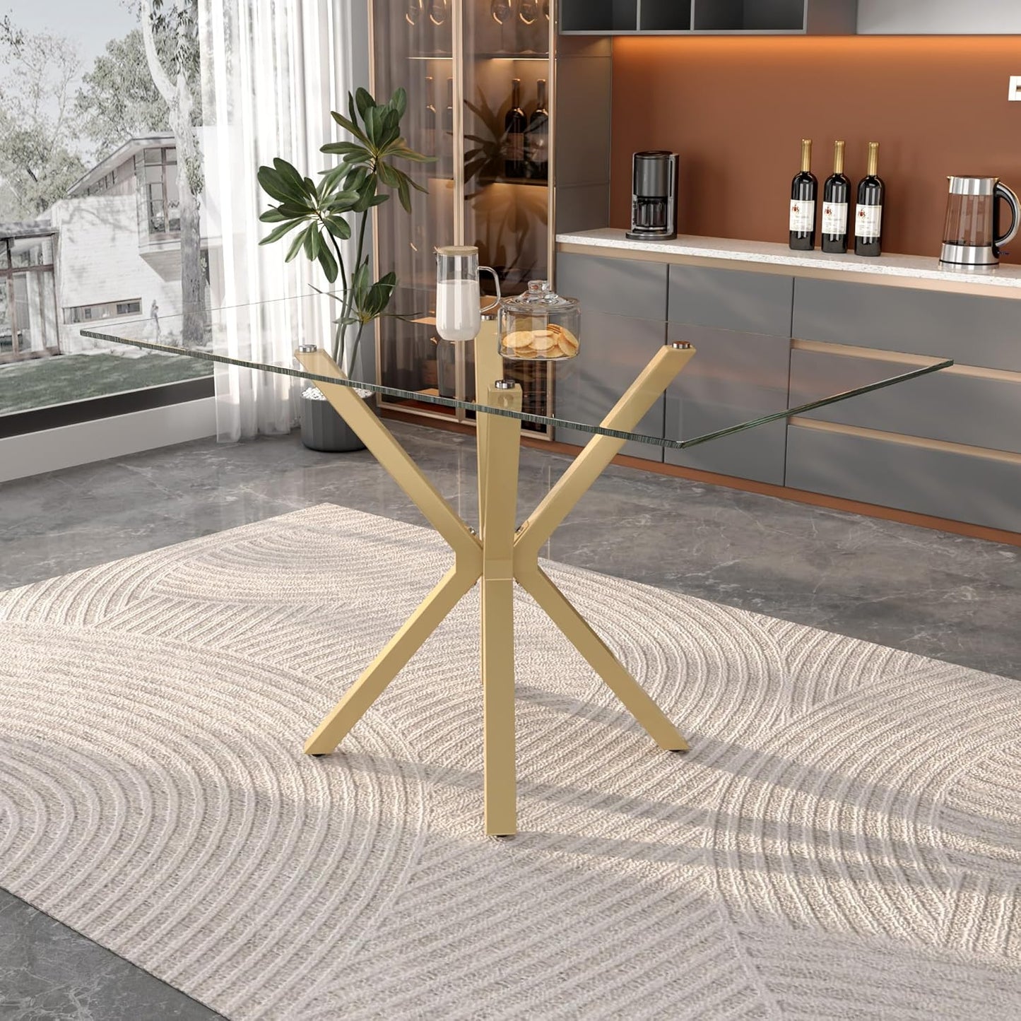 Tempered Glass Dining Table for 4, 48 Inch Rectangular Kitchen Table with Gold Metal Legs Modern Style Dinner Table for Dining Room Kitchen