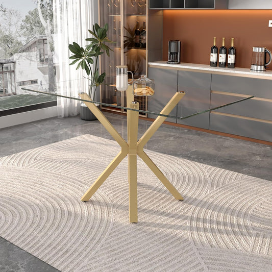 Tempered Glass Dining Table for 4, 48 Inch Rectangular Kitchen Table with Gold Metal Legs Modern Style Dinner Table for Dining Room Kitchen
