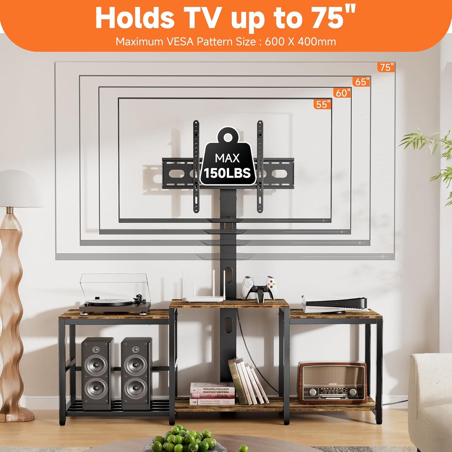 Aquzee TV Stand with Mount for up to 75 inch with Power Outlet, 58”W Wood Entertainment Center with Record Player Storage for 50 55 60 65 70 75 inch TV, Height Adjust Swivel Mounted Television Stand