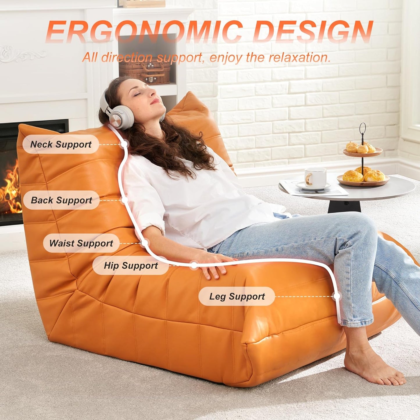 Hobestluk Giant Bean Bag Chair Lazy Floor Sofa, Memory Foam Fireside Sofa for Adults, Big Beanbag Faux Leather Armless Chair for Living Room Bedroom Dorm Office (Orange, Single)