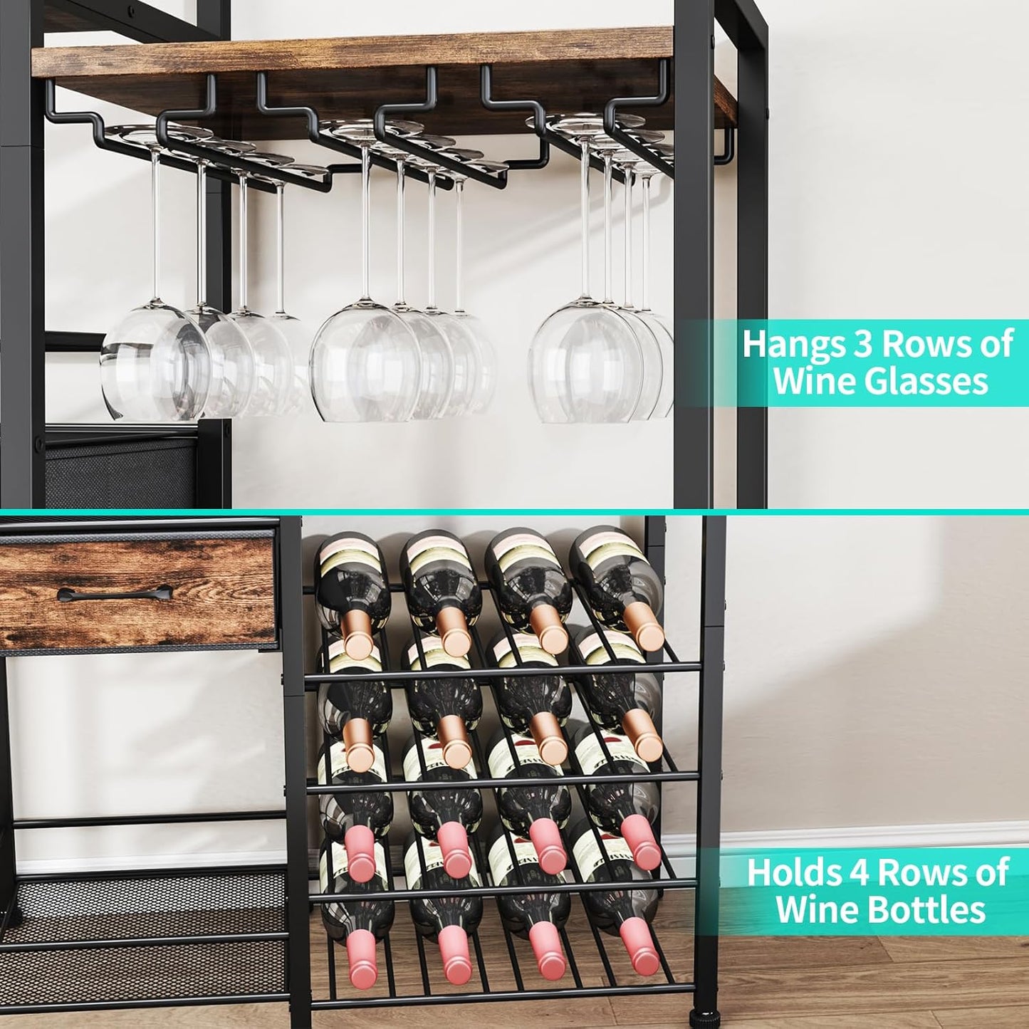 HapiRm Wine Rack Freestanding Floor - Multi-Tier Liquor Cabinet with Fabric Drawer, Liquor Bottle Display Shelf with Glass Holder, Vintage Whiskey Cabinet for Home