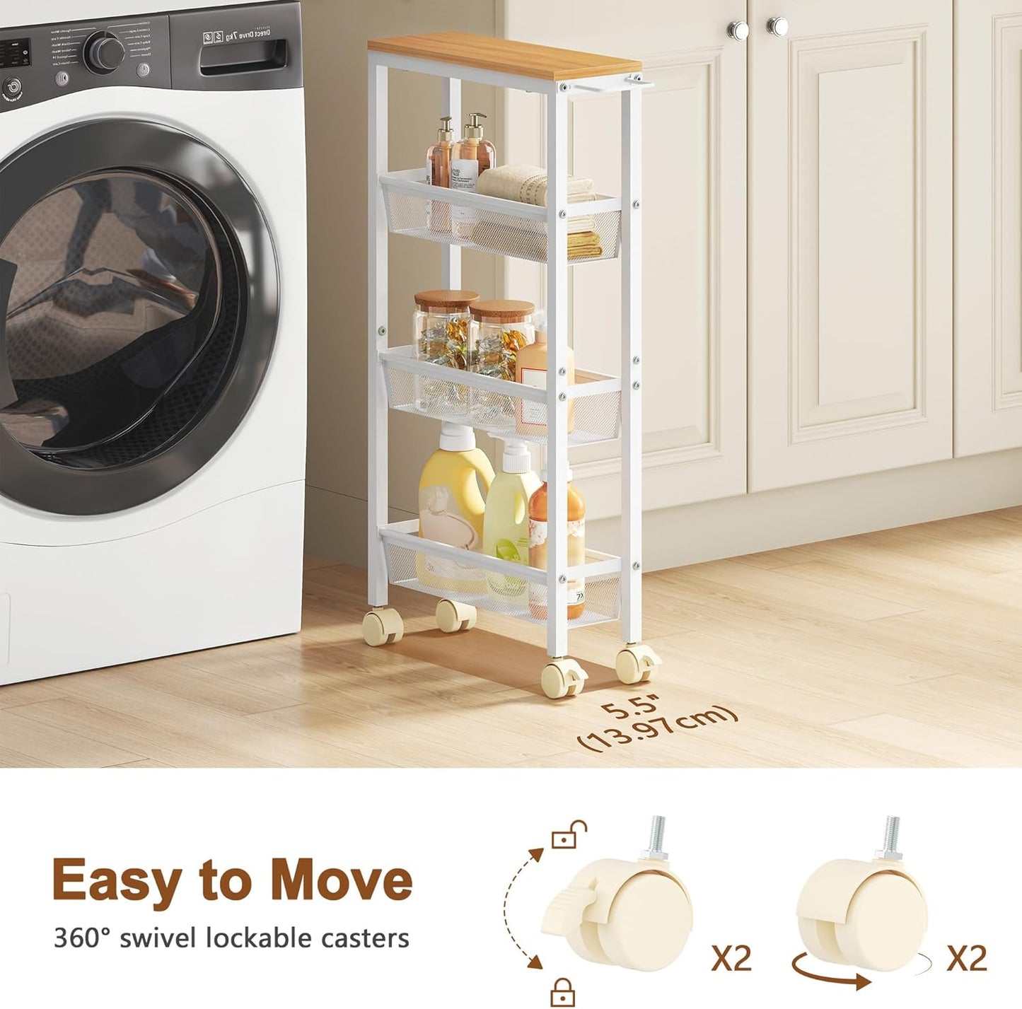 Hoctieon Slim Rolling Storage Cart, 4-Tier Narrow Kitchen Storage Cart with Handle & Wheels, Mobile Shelving Unit, Wooden Top & Metal Frame, Utility Cart for Kitchen, Small Spaces, Oak Beige