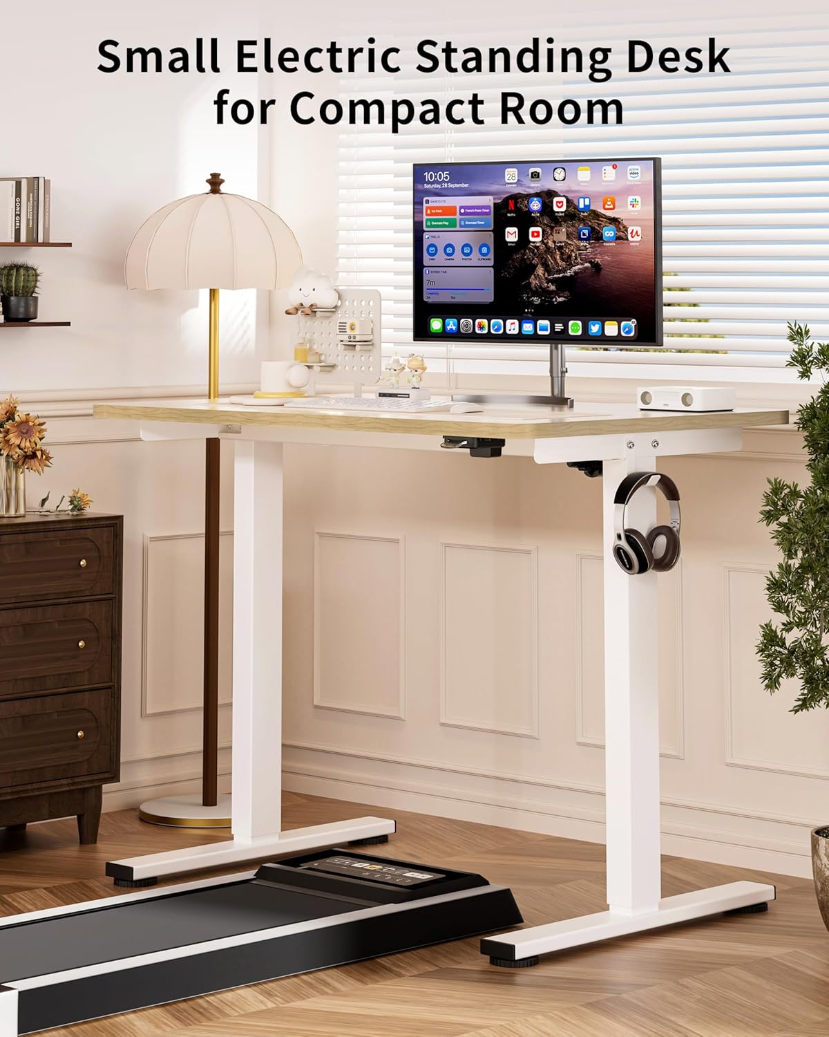 Okin Small Electric Standing Desk, 40" x 24" Whole Piece Height Adjustable Oak Sit to Stand Desk Computer Workstation for Home Office