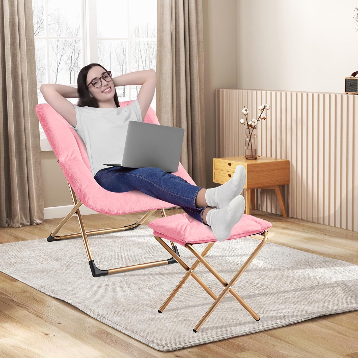 Comfy Oversized Saucer Chair with Ottoman,Soft Faux Fur Reading Lounge Chair for Adults,Stable X-Large Metal Frame and Non-Slip Pad,Cozy Chair for Bedroom, Living Room, Dorm, Office, Pink