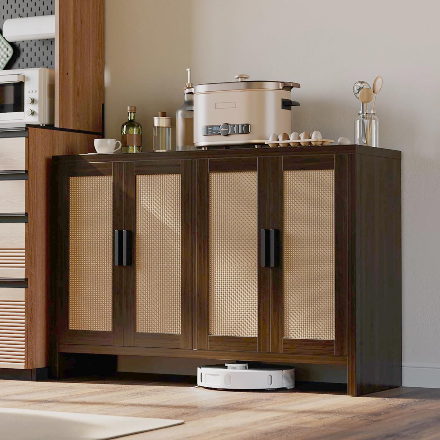 Rattan Buffet Cabinet with Storage, Sideboard Cabinet with Doors and Adjustable Shelves, Farmhouse Coffee Bar Station Table, Modern Wood Cupboard for Kitchen, Livingroom, Walnut