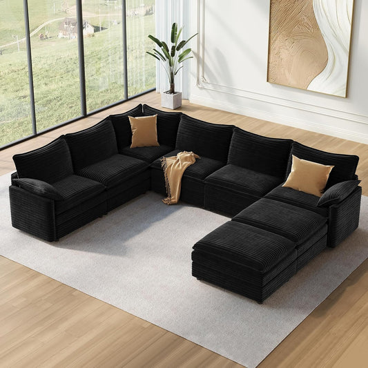 Vesgantti Large Modular Sectional Sofa, Big Comfy Cloud Couch with Ottoman Deep Seat Corduroy Cloud Sofa, 8 Seater Large Sectional Couches for Living Room, Bedroom and Apartment, Black
