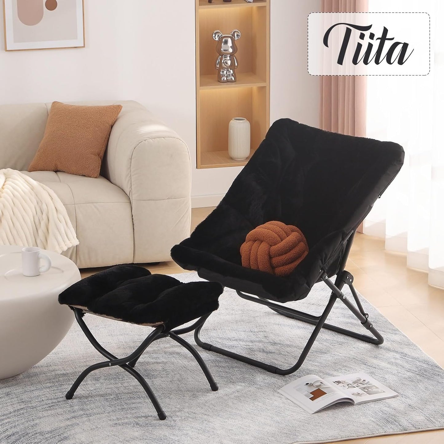 Tiita Folded Chair with Ottoman, Soft Faux Fur Oversized Folding Accent Chair,Lounge Lazy Chair, Metal Frame Moon Chair for Bedroom, Living Room, Dorm Rooms, Garden and Courtyard