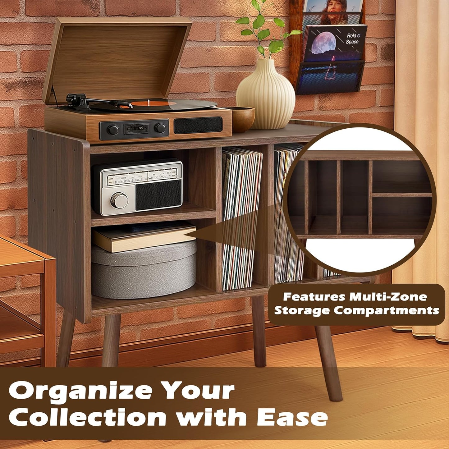 Record Player Stand with Vinyl Storage, Wooden Record Player Table with 5 Cabinet, Large Vinyl Record Player Stand, Record Player Holder, Record Player Shelf for Office Living Room, Walnut