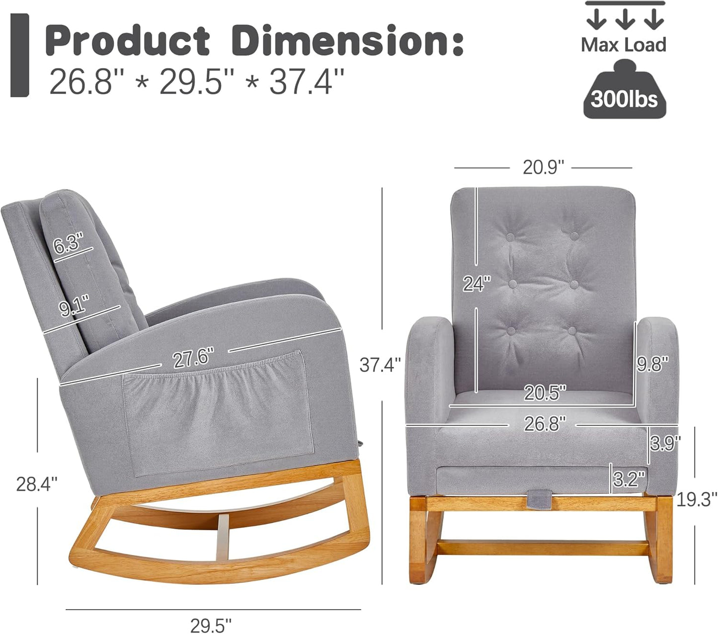 VECELO Rocking Chair Nursery, Modern Sherpa Glider Rocker Accent Arm Chair with High Back and Side Pocket, Cozy Rocking Armchair for LivingRoom, Bedroom, Gray
